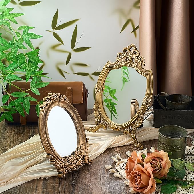 Threehoney 2 Pcs Small Gold Vintage Mirror Antique Vanity Makeup Desk Mirror Traditional Arch Tabletop Mirrors with Stand Baroque Decorative Wall Art for Living Room Bedroom Dresser Decor
