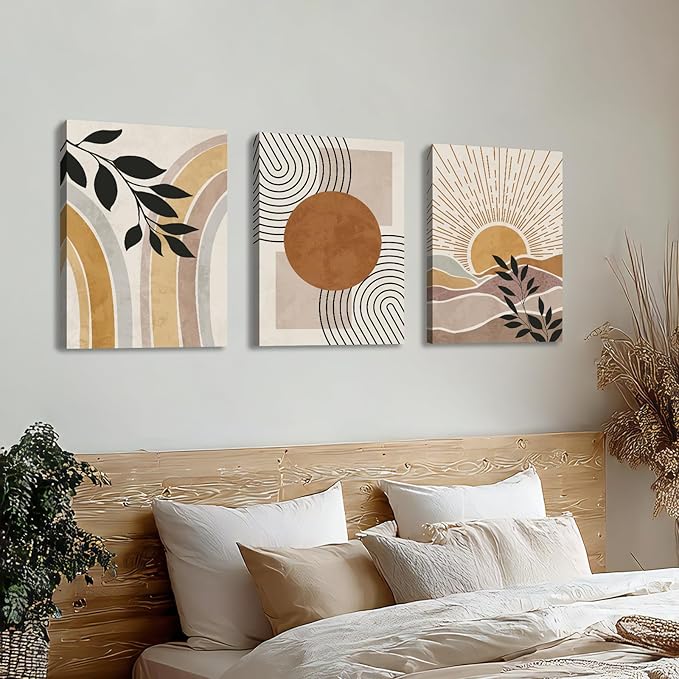 WENGTIAO 3Pcs Boho Orange Desert Canvas Wall Art Colorful Geometric Line Leaf Sun Prints Pictures Paintings Abstract Mid Century Nature Plant Artwork for Living Room Bedroom Office Bathroom 16x24x3