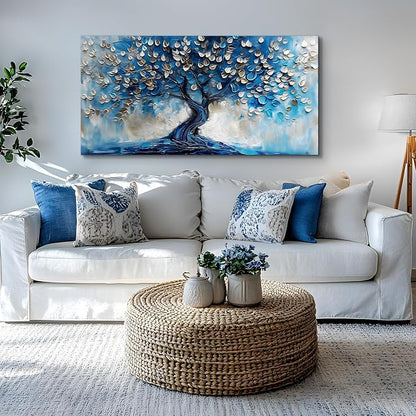 crmotu Tree of Life Large Wall Art for Living Room, Blue Tree Canvas Decor Paintings Abstract Art Prints, Neutral Navy Blue Pictures Wall Decor for Bedroom Bathroom Office Modern Home Decor 24"X48"
