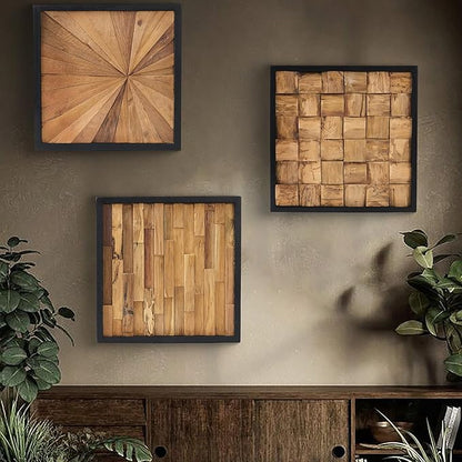 Greenage Teak Wood Wall Decor 16.9"x16.9" Farmhouse Slender Strip Pattern Rustic Natural Wood Wall Art Hanging Decoration Textured Wooden Frame Wall Panel for Home Living Room Bedroom