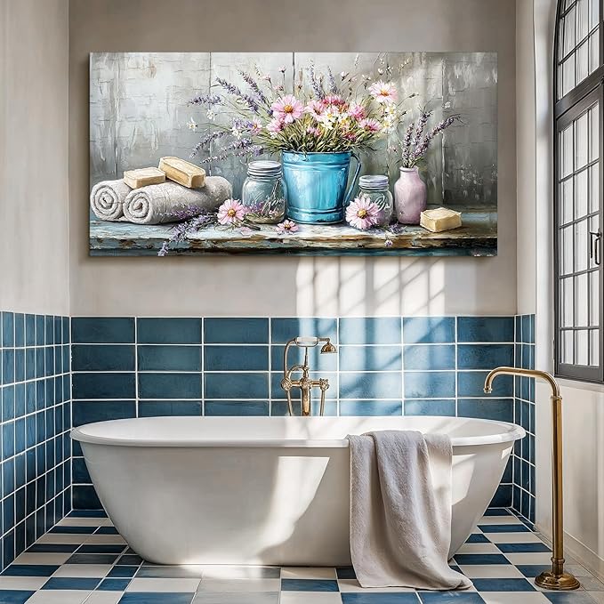 SERIMINO Still Life Large Wall Art, Nature Wildflower Canvas Art Prints, Cozy Scene Retro Aesthetic Painting, Earthy Wall Pictures for Living Room Bathroom Laundry Room Rustic farmhouse Decor 29"X57"