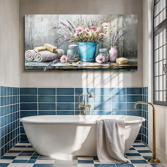 SERIMINO Still Life Large Wall Art, Nature Wildflower Canvas Art Prints, Cozy Scene Retro Aesthetic Painting, Earthy Wall Pictures for Living Room Bathroom Laundry Room Rustic farmhouse Decor 29"X57"