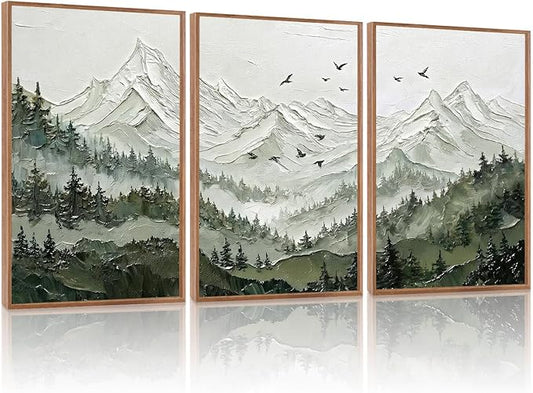 KAlRNE Natural Mountain Framed Canvas Wall Art Set of 3(16”X24”),Textured Sage Green Wall Decor,Neutral Watercolor Forest Picture Snowy Landscape Art Prints For Living Room Bedroom Office
