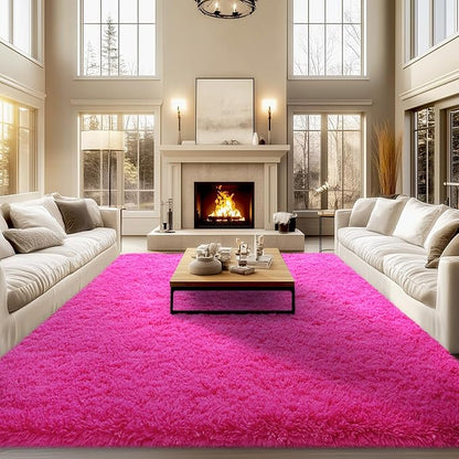 qulint 9x12 Area Rug for Living Room, Soft Fluffy Hot Pink Rugs for Bedroom Girls Shag Shaggy Large Carpet for Kid Room, Fuzzy Plush Modern Alfombra for Dorm Home Decor (9ft x 12ft, Hot Pink)