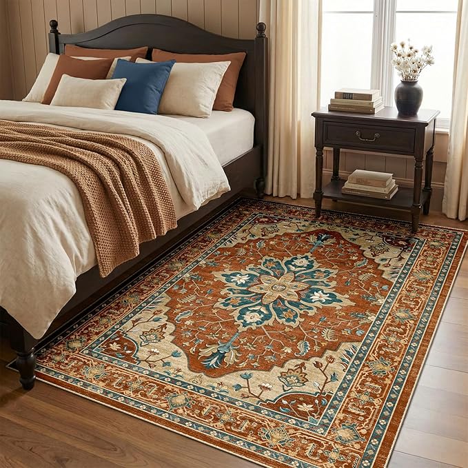 RELEANY Area Rugs 4'x6' Washable Non-Slip, Floral Vintage Distress Print Pattern Medallion Carpet for Living Room Bedroom Dining Room, Red Orange Blue Brown