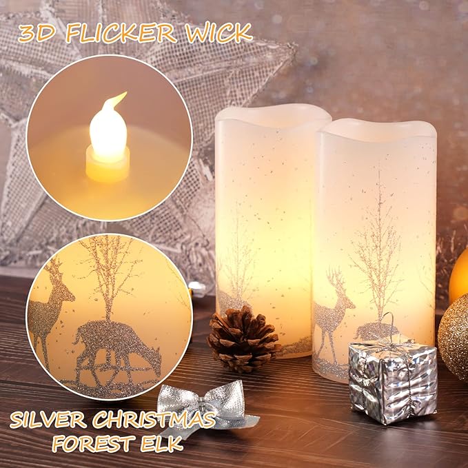 2Pack Christmas LED Flameless Candles Flickering, Battery Operated Wax Candles with Timer Remote, Realistic Pillar Candles with Forest Deer Decal for Home Decorations Christmas Gifts [Silver, 3"X6"]