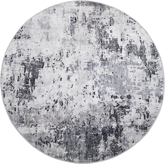 ROYHOME Modern Abstract 8x8 Round Area Rug Non Slip Non Shedding Rug Low Pile Stain Resistant for Bedroom Living Room Office Dining Room,Grey