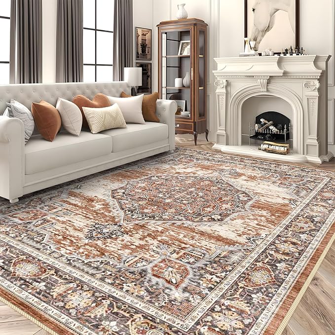 9x12 Area Rugs for Living Room: Washable Ultra Thin Rug - Oriential Stain Resistant Carpets - Large Indoor Non-Slip Rug for Bedroom Dining Room 9'x12' Brick