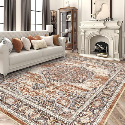 9x12 Area Rugs for Living Room: Washable Ultra Thin Rug - Oriential Stain Resistant Carpets - Large Indoor Non-Slip Rug for Bedroom Dining Room 9'x12' Brick