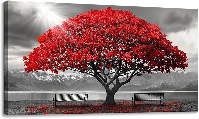 Red Wall Art - Modern Framed Wall Art for Living Room - Large Red Tree Black and White Landscape Canvas Prints - Posters & Prints for Home Office Bedroom Decorations - Large Wall Pictures 29×58IN