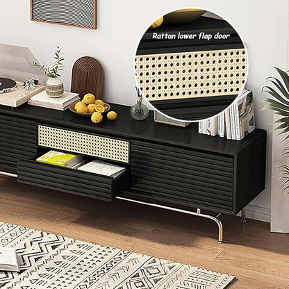 TV Stand Wood TV Stand, TV-Console, with Rattan Lower-Flap Door, Entertainment Center, with Cable Hole, Already Assembled TV Cabinet, TV Tables with Storage, for Living Room(Natural,Wood Leg)