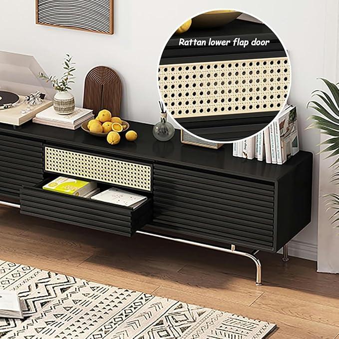 TV Stand Wood TV Stand, TV-Console, with Rattan Lower-Flap Door, Entertainment Center, with Cable Hole, Already Assembled TV Cabinet, TV Tables with Storage, for Living Room(Natural,Wood Leg)