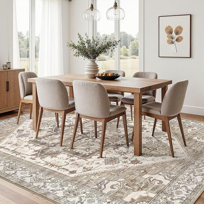 10x14 Area Rug for Living Room- Machine Washable Soft Oriental Vintage Large Indoor Floor Carpet for Bedroom Under Dining Table Home Office Decor - Beige Brown