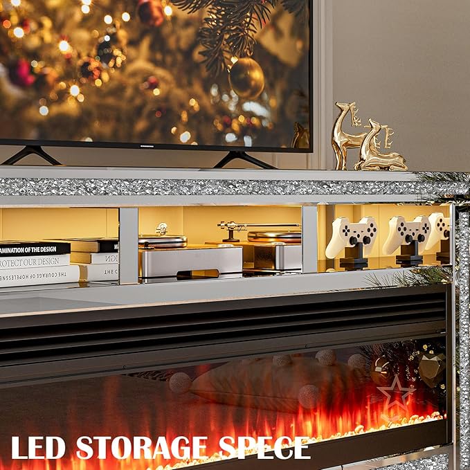 Mirrored Fireplace TV Stand with LED, Silver TV Console Table with Crushed Diamond for 65+ inch TV, Modern Media Entertainment Center with Storage for Living Room