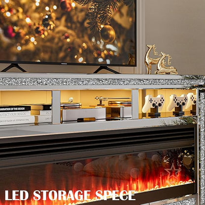 Mirrored Fireplace TV Stand with LED, Silver TV Console Table with Crushed Diamond for 65+ inch TV, Modern Media Entertainment Center with Storage for Living Room