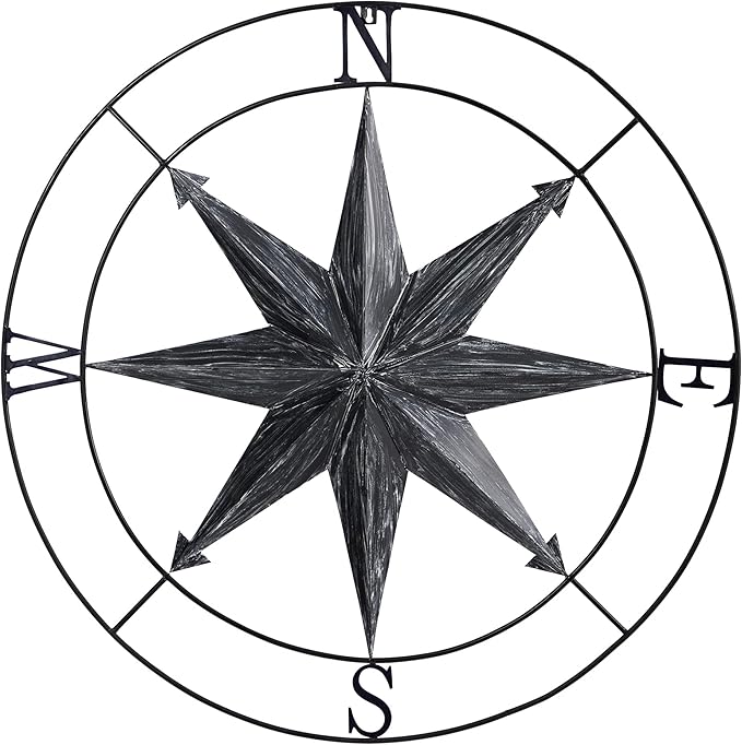 Nearly Natural 40in. Washed Nautical Metal Compass Wall Art Decor, Black, 40.00" x 2.00"
