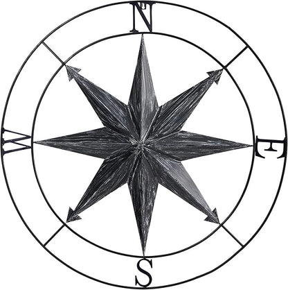 Nearly Natural 40in. Washed Nautical Metal Compass Wall Art Decor, Black, 40.00" x 2.00"