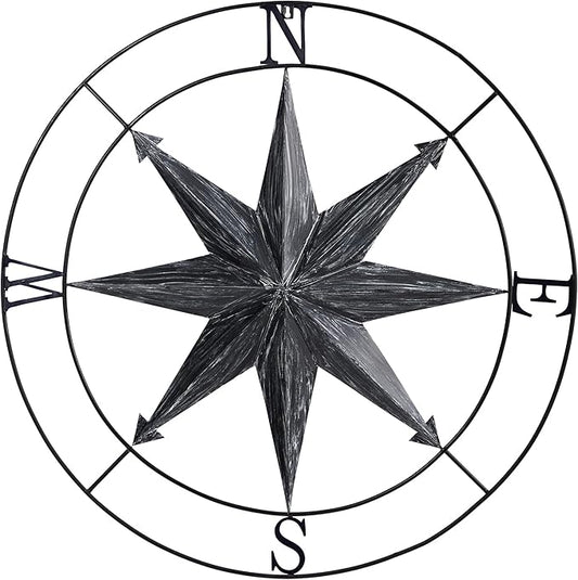 Nearly Natural 40in. Washed Nautical Metal Compass Wall Art Decor, Black, 40.00" x 2.00"