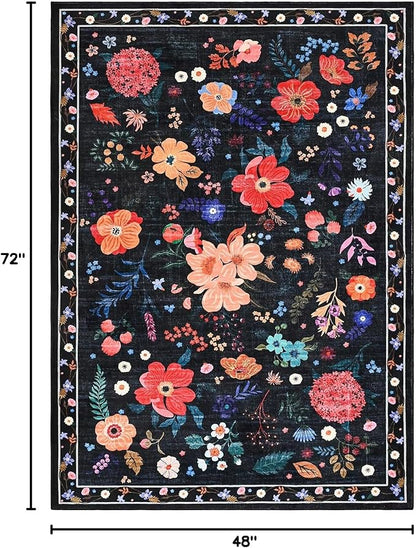 Macgace Black Floral Rug for Girls Bedroom, 4x6 Machine Washable Area Rugs with Non Slip Backingfor Living Room, Cute Flowers Carpet Kitchen Dining Room Kids Playroom Decor