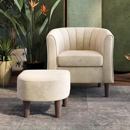 LINSY Small Accent Chair with Ottoman, Modern Barrel Chair Comfy Armchair Reading Chair with Footrest, Small Round Arms Chair for Living Room Bedroom Reading Room, Velvet, Beige