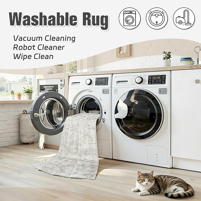 Area Rug 8x10 Living Room Rug Washable: No-Slip Abstract Soft Thin Large Light Brown Off-White Rugs, Indoor Floor Stain Resistant Modern Carpet for Bedroom Dining Room Farmhouse Nursery Home Office