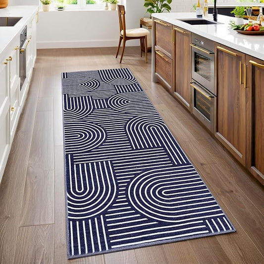ROYHOME Modern Rug 2x6 Runners for Hallways, Abstract Kitchen Runner Rugs Non Slip Bath, Rainbow Washable Runner Rug for Bedroom, Soft Long Rugs for Entryway Bathroom Laundry Dorm, Blue