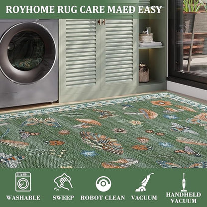 2.5x8 Runner Rug for Hallway Washable Kitchen Rugs Non Slip with Rubber Back Mushroom Soft Low-Pile Stain Resistant Foldable Indoor Carpet for Entryway Laundry Room Floor Mats Green