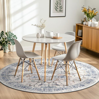 BESTSWEETIE 8ft Area Rug Washable Rugs for Living Room, No Pile Boho Carpet for Entryway Bedroom Dinning Room, Vintage Carpet Print Distressed Non-Slip, 96" Round, Beige Blue
