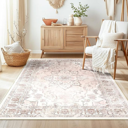 BESTSWEETIE 4x6 Area Rug Washable Rugs for Living Room, No Pile Boho Carpet for Entryway Bedroom Dinning Room, Vintage Carpet Print Distressed Non-Slip, 4 x 6 ft, Pink Beige Grey