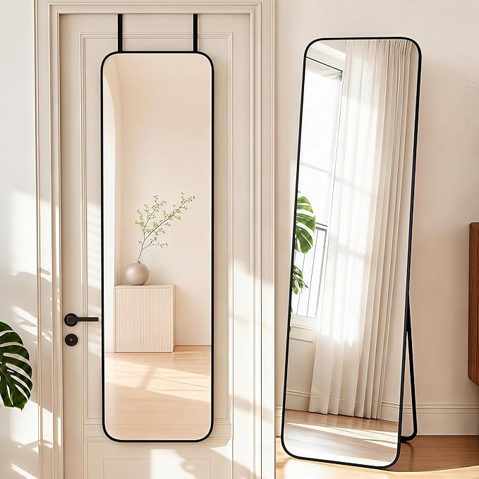 NARCISSUS 57x16 Mirror Door Hanging Full Length Body with Floor Stand or Wall Mounted Metal Aluminum Frame Tempered Glass Rectangle Mirrors for Bedroom Dressing Living Room Bathroom 57 inch Black