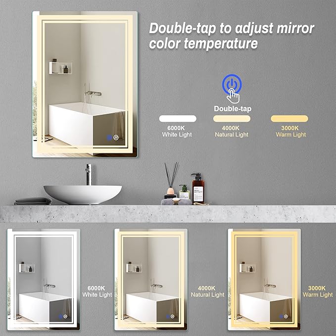 28"x 20" LED Bathroom Mirror Vanity Mirror, Anti-Fog, Dimmable, Color Temperature Adjustable 3000-6000K, Switch-held Memory Led Wall Mirror Suitable for Bathroom, Vanity (Vertical/Horizontal)
