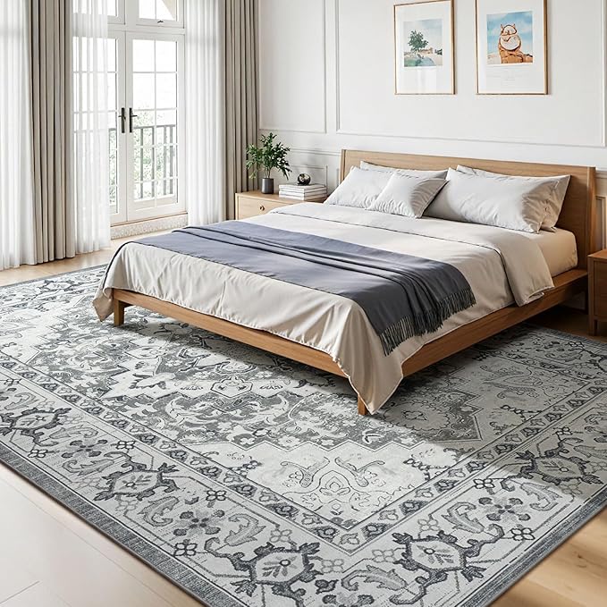 Lessymo 7 x 10 Area Rugs for Living Room- Machine Washable Area Rugs Boho Faux Wool Low Pile Area Rug for Bedroom, Floral Medallion Vintage Rugs with Non-Slip Rubber, Kid & Pet Friendly, Grey White