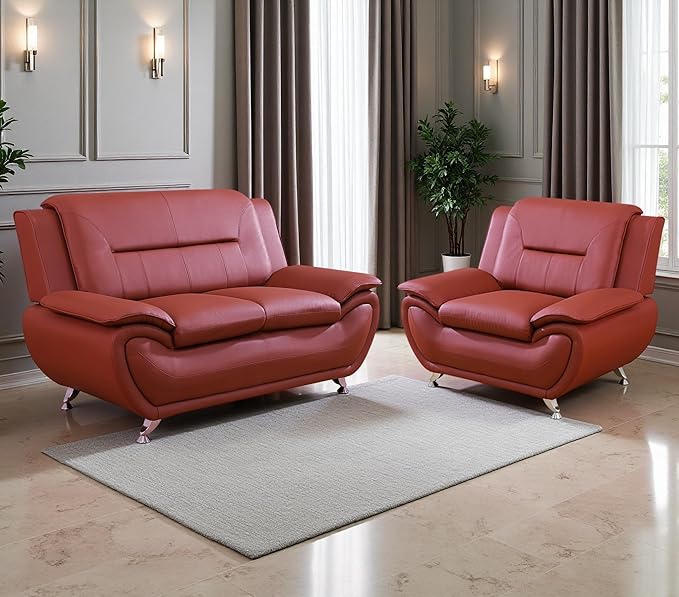 Living Room Furniture Sets, 2-Piece Red Faux Leather Loveseat and Chair, Living Room Sofa Set, Sofa Couches for Office, Bedroom, Apartment