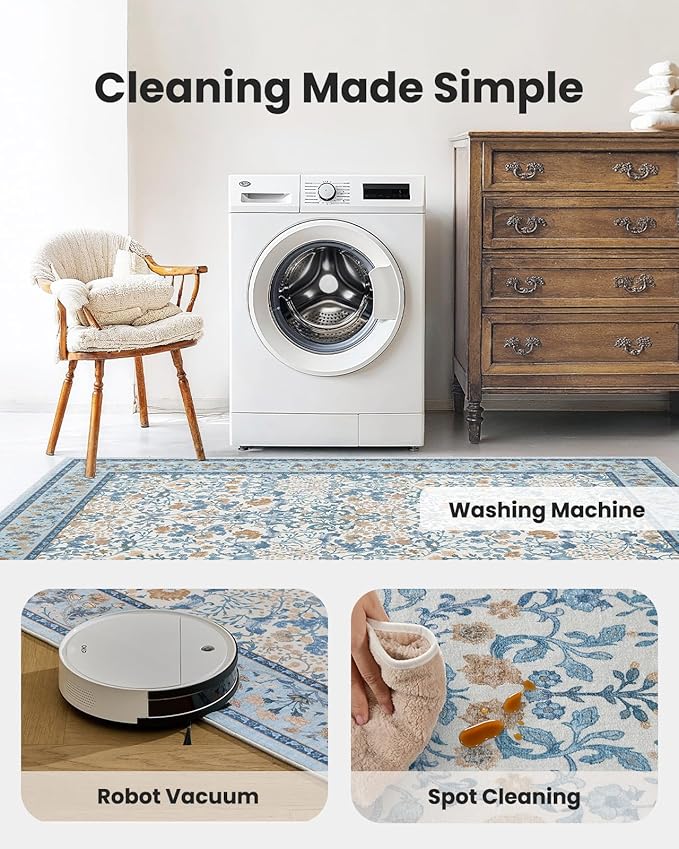 AMADA HOMEFURNISHING 5x7 Area Rug, Washable Living Room Rug with Non-Slip Backing, Low Pile and Durable Edge Binding, Vintage Soft Floral Rugs for Living Room, Bedroom, Dining Room