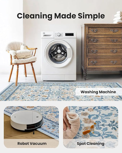 AMADA HOMEFURNISHING 8x10 Washable Area Rugs for Living Room, Non-Slip & Low-Profile Floral Large Area Rug with Durable Edge Binding, Soft Rugs for Living Room, Bedroom, Dining Room
