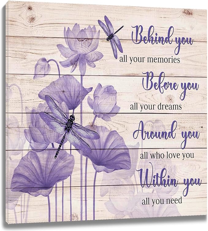 LB Motivational Wall Art Inspirational Quotes with Purple Floral Dragonfly Canvas Wall Art Plant Pictures Wall Decor for Living Room Bedroom Bathroom Office Home Framed Ready to Hang 12Lx12W Inch