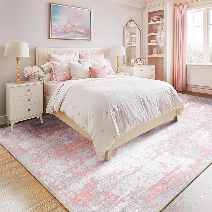 RELEANY Washable Area Rugs Square 7ft Non-Slip Modern Abstract Soft for Living Room Entryway Bedroom Nursery, Print Pattern, Grey Pink