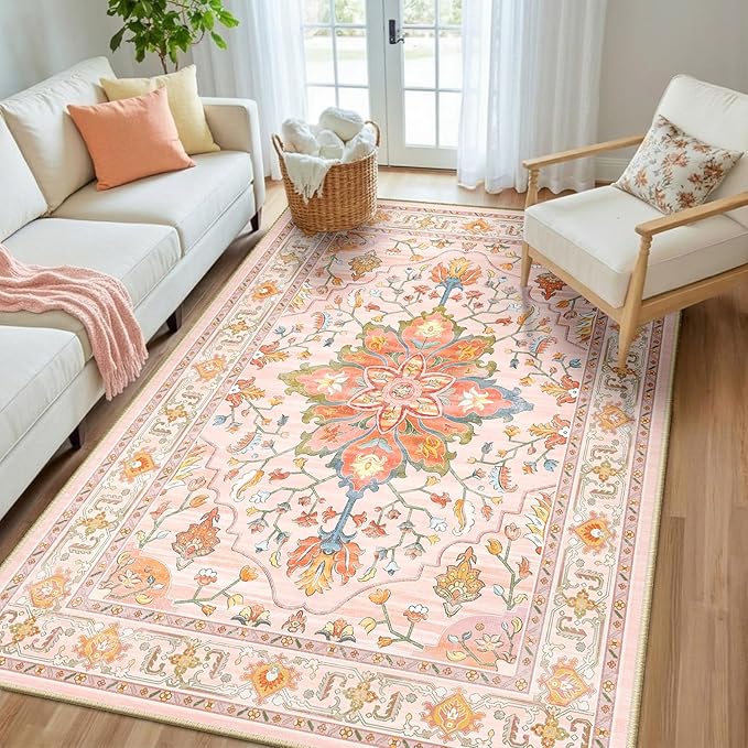 RELEANY Area Rugs 5'x8' Washable Non-Slip, Floral Vintage Distress Print Pattern Medallion Carpet for Living Room Bedroom Dining Room, Light Pink Colorful