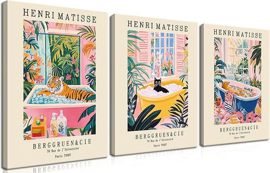 Funny Bathroom Canvas Wall Art Set of 3, Matisse Black Cat Animal Wall Decor Paintings, Cute Tiger Bathroom Pictures Posters Prints 16x24 Inch Framed