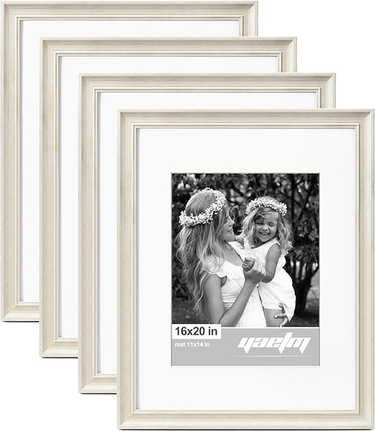 Yaetm 16x20 Picture Frame Matted to 11x14 Set of 4, 1.4" Wide Molding & Rustic White 16x20 Frames for Wall Gallery, Wall Mounting (4 pack, White)
