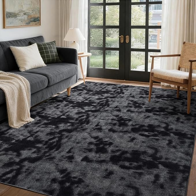 FinRèc 4x6 Washable Area Rugs for Bedroom Living Room, Low Pile Thin Ultra Soft Shag Rug, Non-Slip Carpet Indoor for Home Decor (Tie-dye Dark Grey)