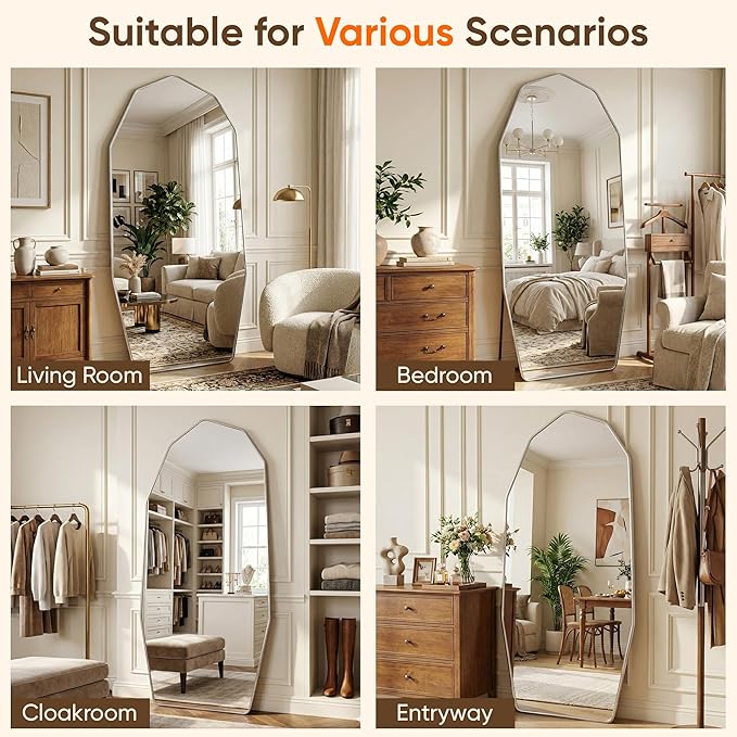 Antok Full Length Mirror, 71"x32" Floor Mirror, Free Standing Wall Mounted or Leaning Full Body Mirror with Aluminum Alloy Frame, Diamond Irregular for Bedroom Entryway Cloakroom, Silver