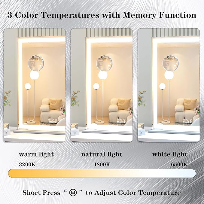 ANYHI Makeup Mirror with Lights, 24"x20.5" Lighted Vanity Mirror with 10X Magnifying, 3 Color Modes, Dimmable, Smart Touch Control, Memory Function, USB Charging Port, Tabletop/Wall Mount, Silver