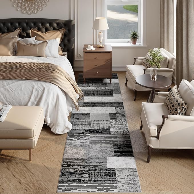 FlyDOIT Modern Geometric Patchwork Runner Rug, 2.7x10 Grey Runners for Hallways Non Slip, Washable Indoor Bedside Rugs for Bedroom, Floor Throw Carpet Runners for Entryway Kitchen Bathroom Laundry