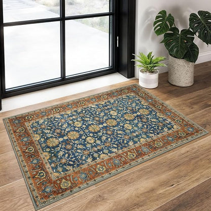 KUTA Vintage 2x3 Rugs for Entryway, Non-Slip Washable Kitchen Rugs & Indoor Door Mat with Floral Print, Blue Terracotta Ultra Thin Soft Low-Pile Throw Rug for Front Door, Bedside, Small Spaces