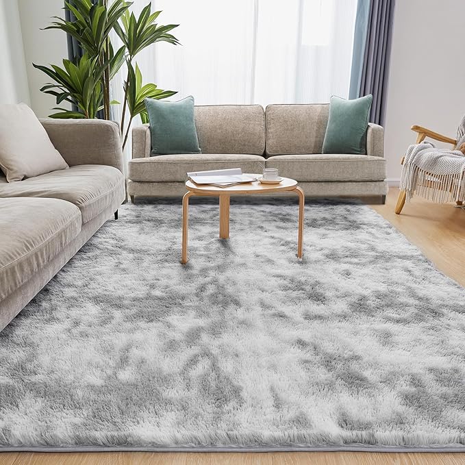 Puremy Ultra Soft Area Rugs for Living Room, 5x7 Tie-Dyed Light Grey Fluffy Plush Rugs for Bedroom, Non-Slip Floor Carpet for Nursery, Bedside, Playroom, Corridor, Indoor Decor