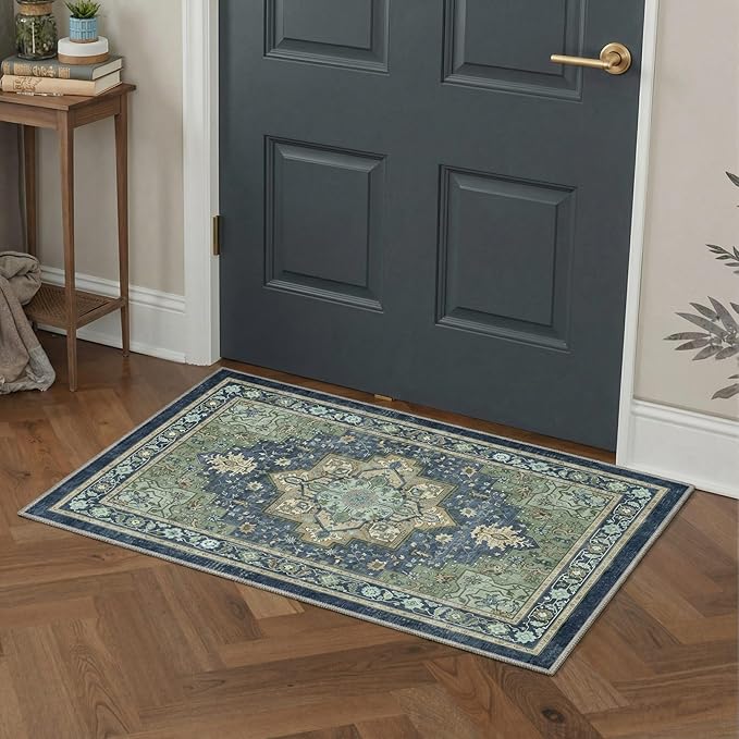 GENIMO 8x10 Area Rugs for Living Room, Machine Washable Rug, Non Slip Indoor Vintage Carpet, Low Pile Lightweight Chenille Print Carpet for Bedroom Dining Room Home Office, Green & Navy