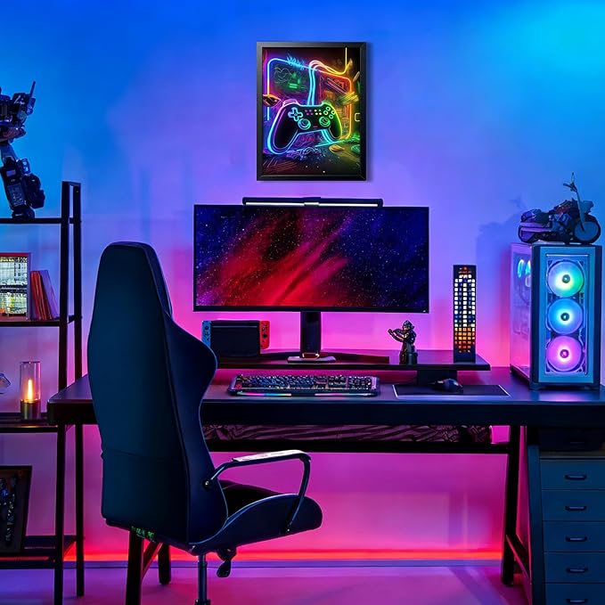 Boys Room Game Wall Decor Wall Decor, Neon Gaming Accessories Theme Wall Art, Colorful Neon Gamepad Canvas Painting Prints for Children Youth Boys Bedroom Decor 12x16 Inch Framed