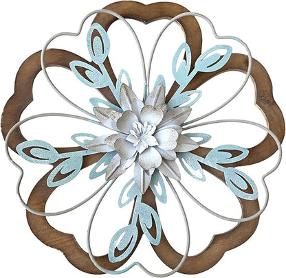 Remenna Metal Flowers Wall Decor, Rustic Floral Art, White & Blue, Farmhouse Hanging Decoration for Living Room, Bathroom, Garden