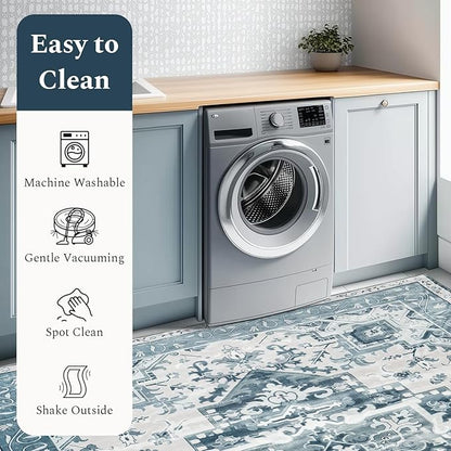 Rugflix 9x12 Area Rug for Living Room, Machine Washable Area Rugs with Non-Slip Backing, Large Soft Boho Vintage Rug for Bedroom, Dining Room, Low Pile Carpet, Kids Pet Friendly, Blue